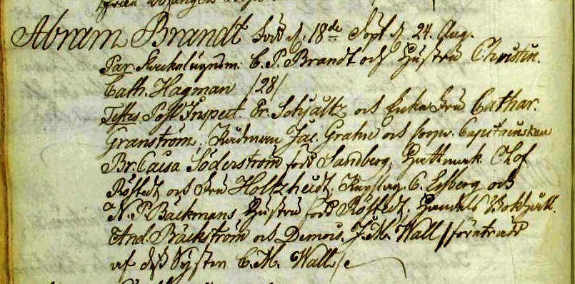 Udsnit af kirkebog, Daab af Abraham Brandt